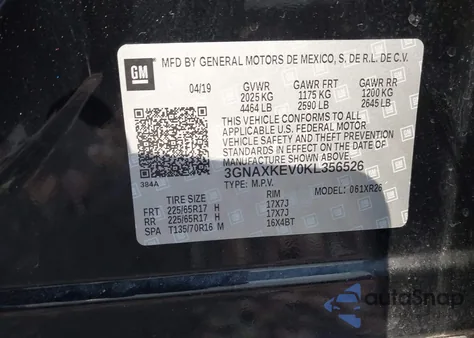 2019 Chevrolet Equinox Lt из США, поврежденный, VIN 3GNAXKEV0KL356526